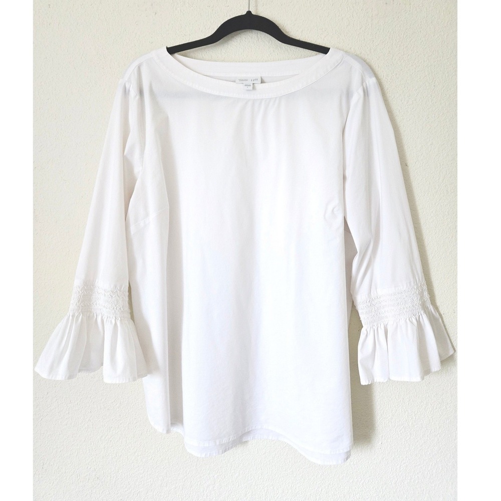 J Jill White Shirt Collection Smocked Ruffle Bell Sleeve Boat Neck Top Large‎ - Picture 8 of 8